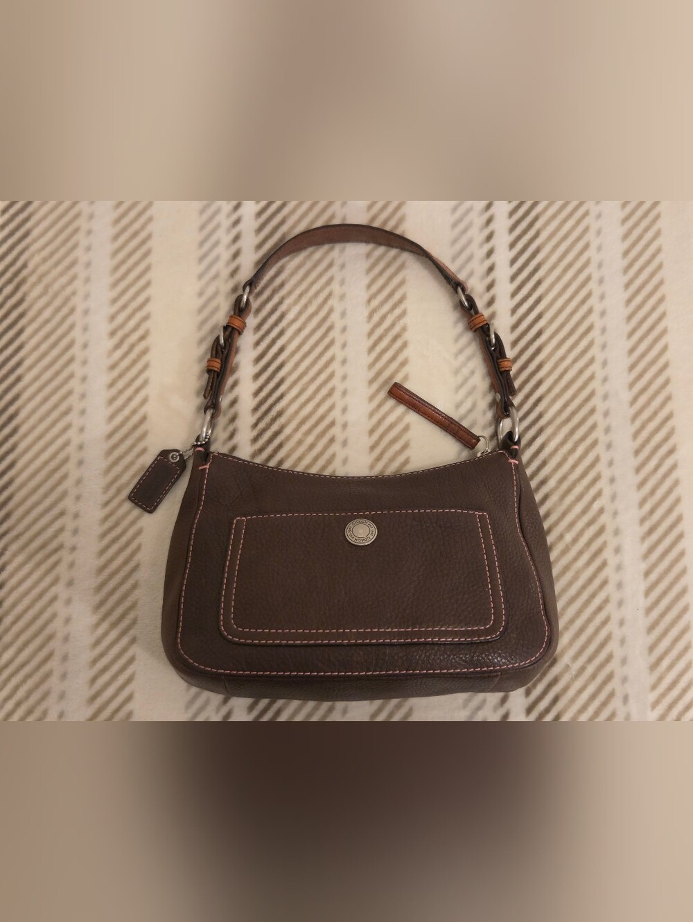 Vintage Coach Chelsea Brown Pebbled Leather Hobo Pink Stitching Y2K
